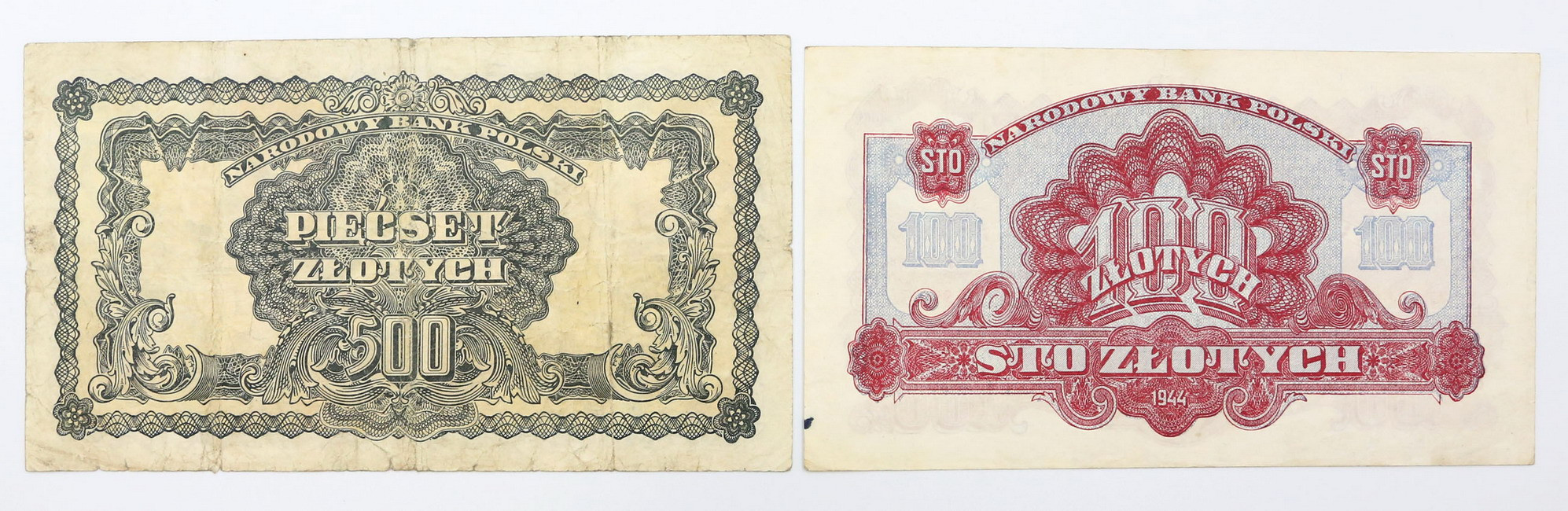 100, 500 złotych 1944, zestaw 2 banknotów